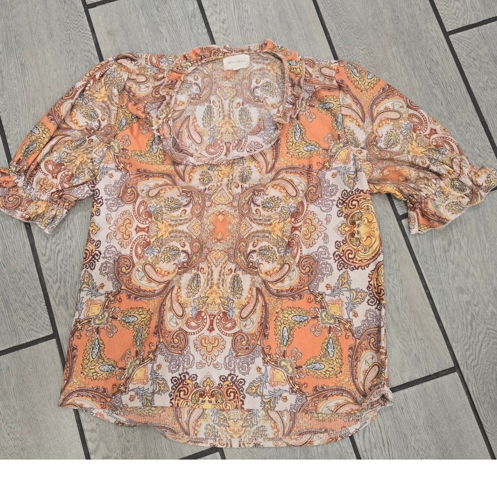 Melloday Orange Yellow Paisley Ruffle Neck Puff Sleeve Blouse Small CET192681-TM